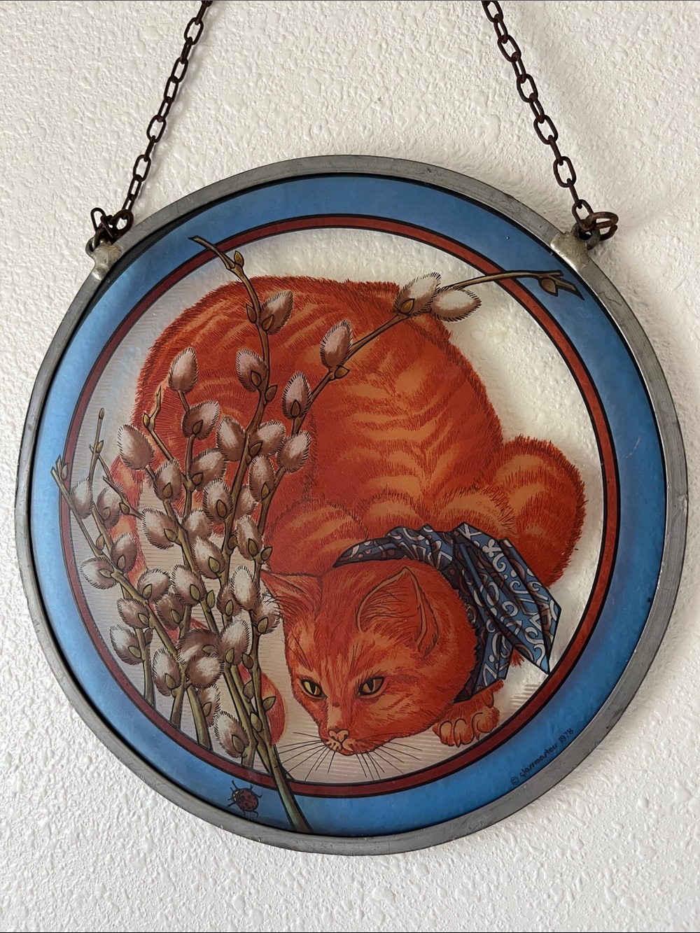 Vintage 1978 Round Stained-Glass Style Orange Tabby Cat Wall Hanging 8.5"